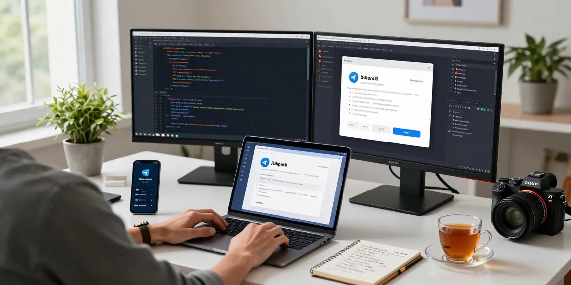 Setting up the Telegram Chinese Version on a modern workspace with screens displaying language options and code.