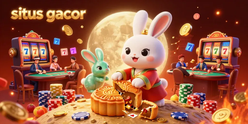 Permainan slot gacor yang seru dengan karakter kelinci bulan dan suasana kasino yang ramai.