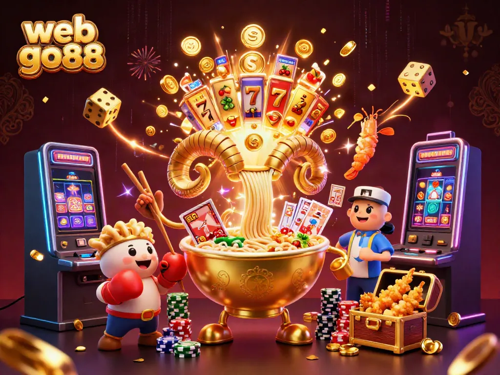 Experience the thrill at web go88 with a vibrant 3D illustration featuring casino elements and games.