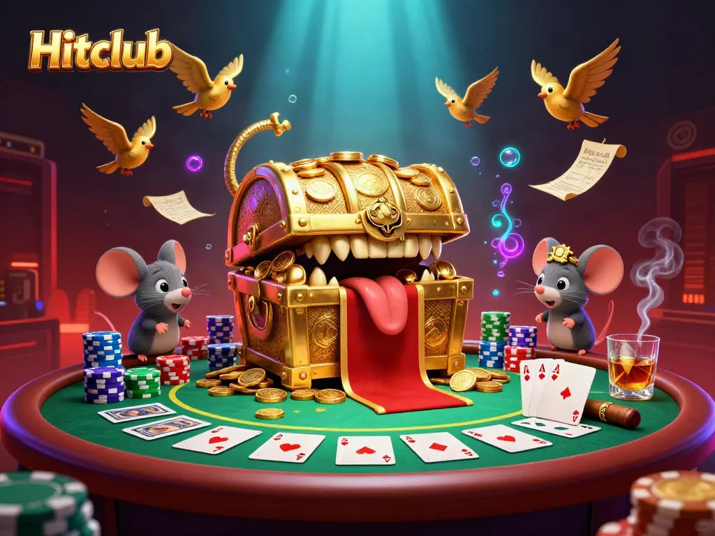 Hitclub showcases a 3D treasure chest enticing adventurer mice amid vibrant poker elements.