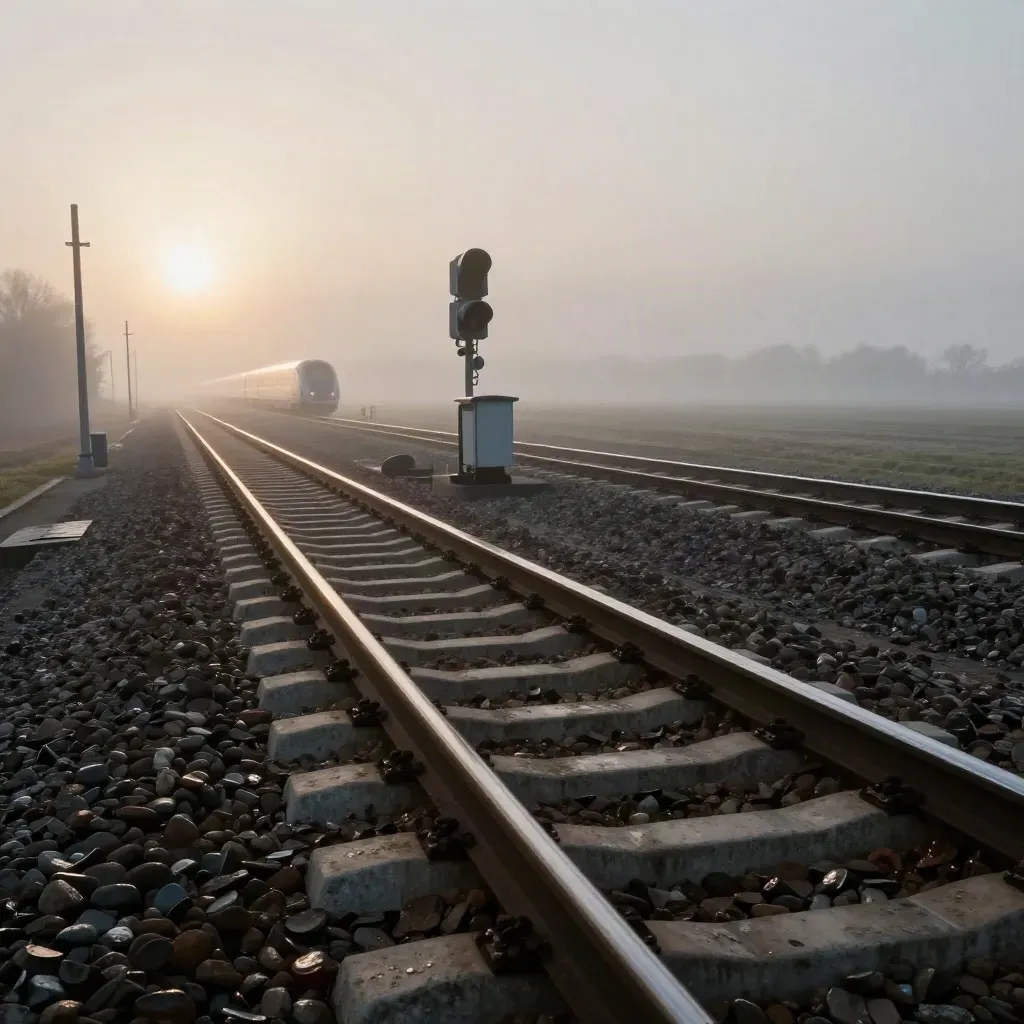Wisselcomplex in de mist met passerende intercity en natte ballast bij zonsopkomst