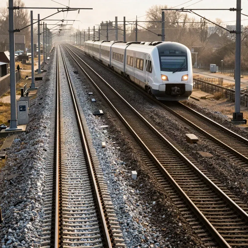 Drukke spoorcorridor met wissels en een intercity die wegtrekt in de namiddag