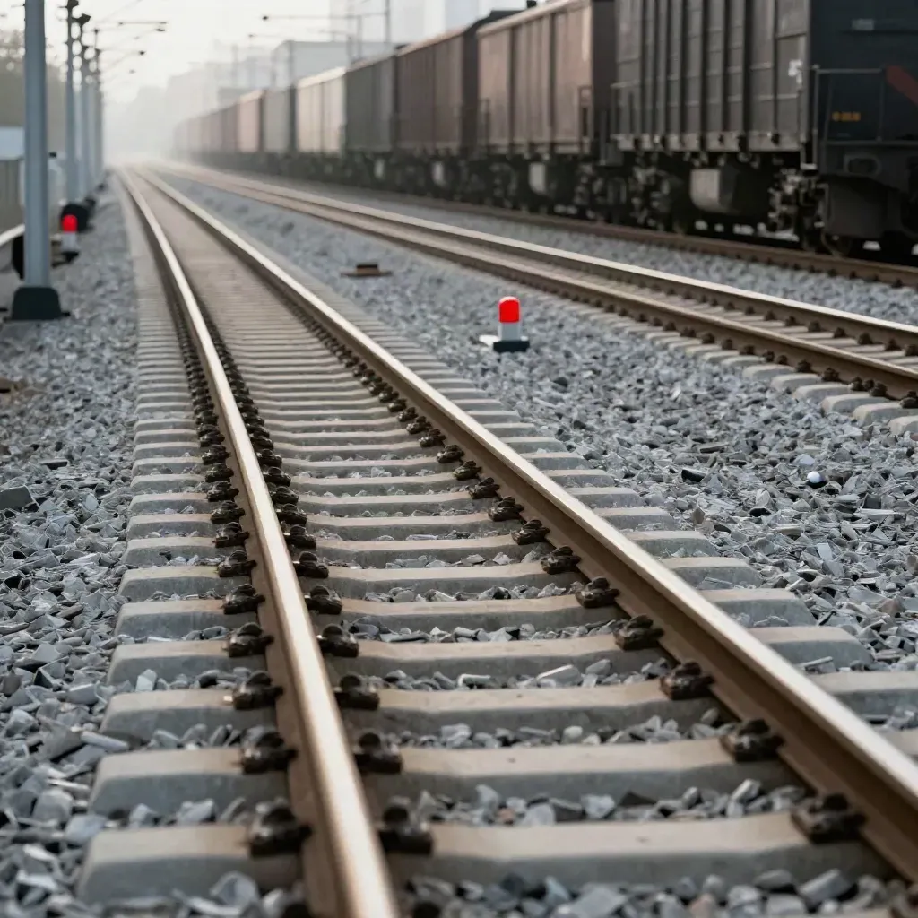 Bocht in spoor met verse ballast, wisseltongen en passerende goederentrein in koude herfstlucht.