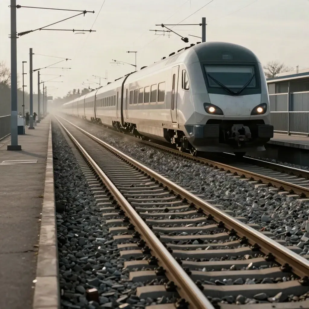 Sprintertrein op hoofdspoor met reserve spoor en bovenleiding in zomerse hitte