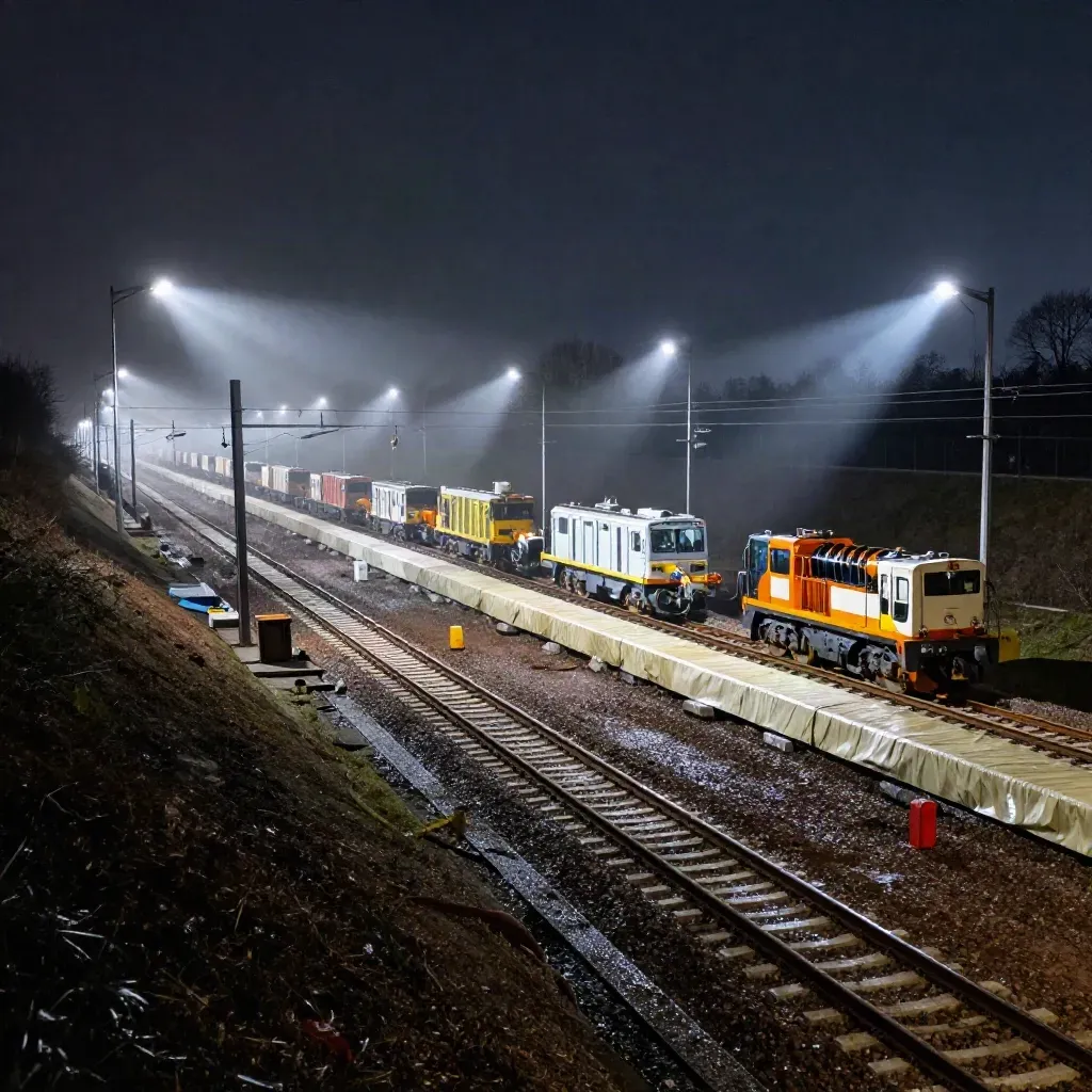 Nachtelijk spooronderhoud met ingepakte rails, werkverlichting en geparkeerde machines.