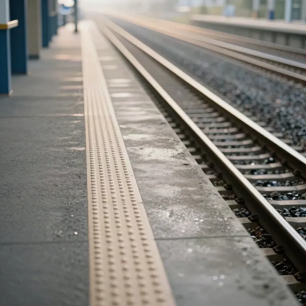 Nieuw perron met aansluitende looproute, nat beton en een kort spoorstuk in ochtendlicht.
