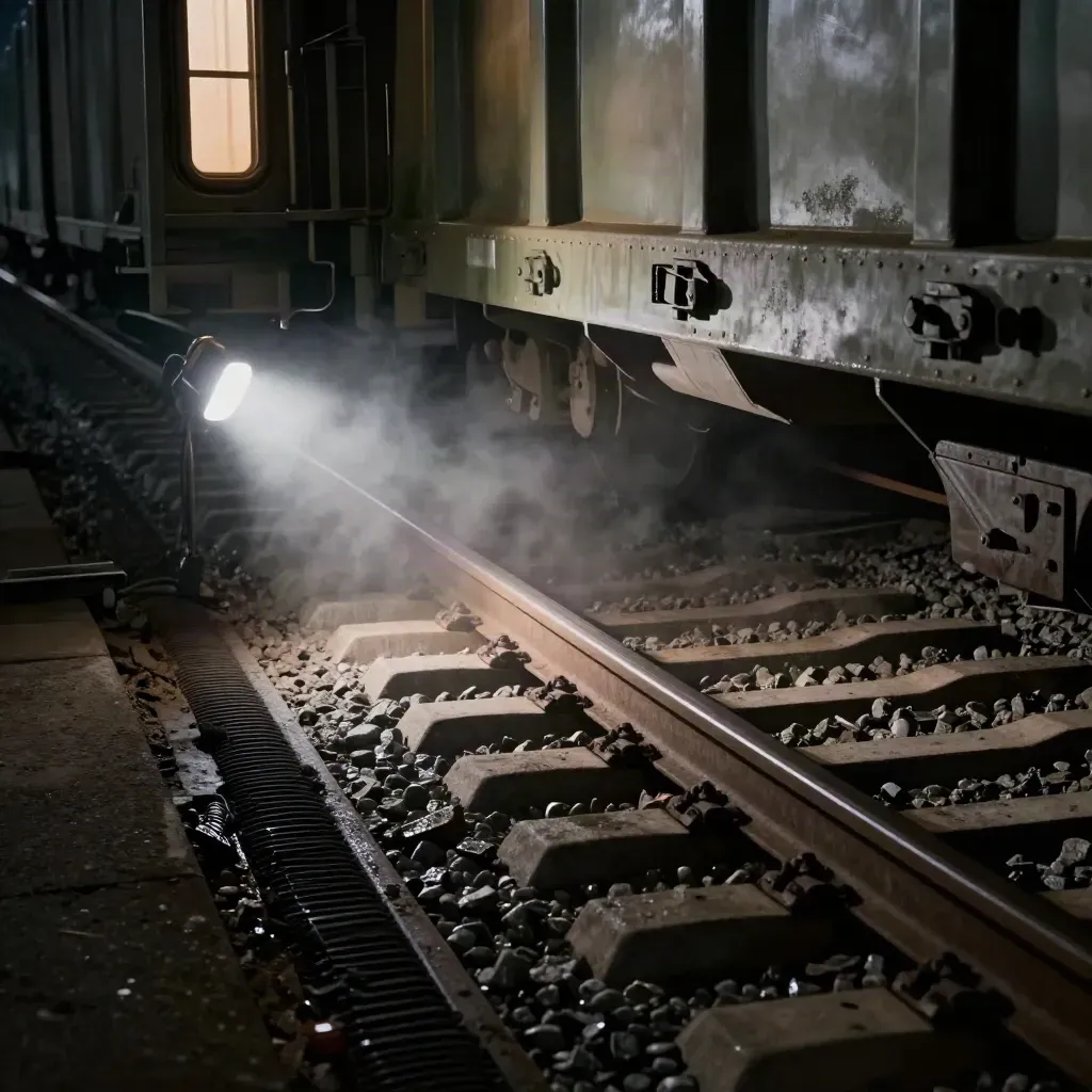 Nachtelijk spooronderhoud met gesloten wissels en tijdelijke verlichting in mist.
