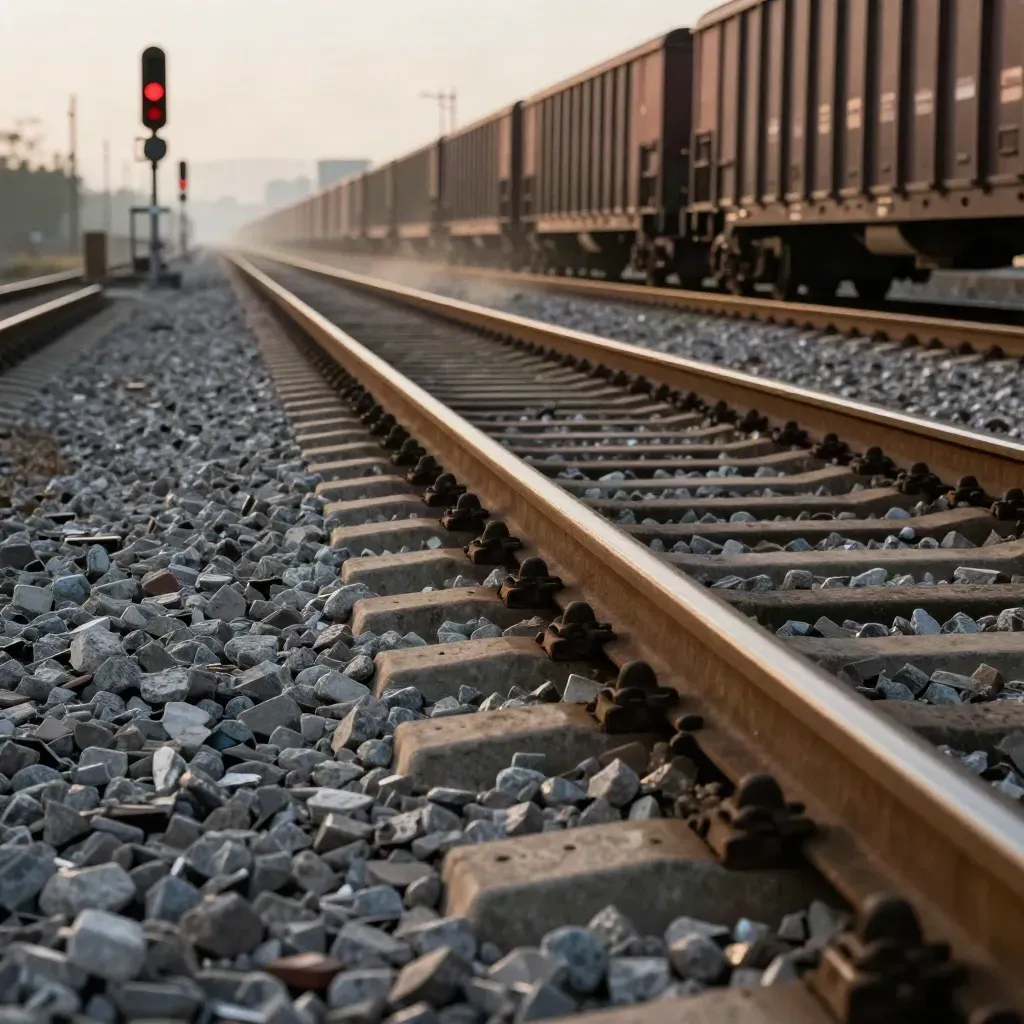 Laag langs het spoor met ballast, lange wagons in de verte en een rood accent in avondlicht