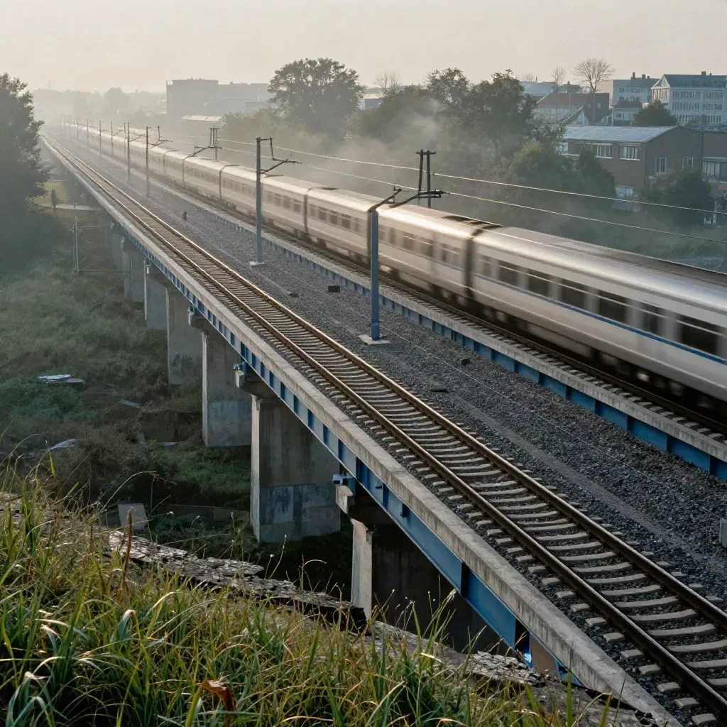 Viaduct met drie sporen en een snelle trein als lichtstreep in ochtendmist