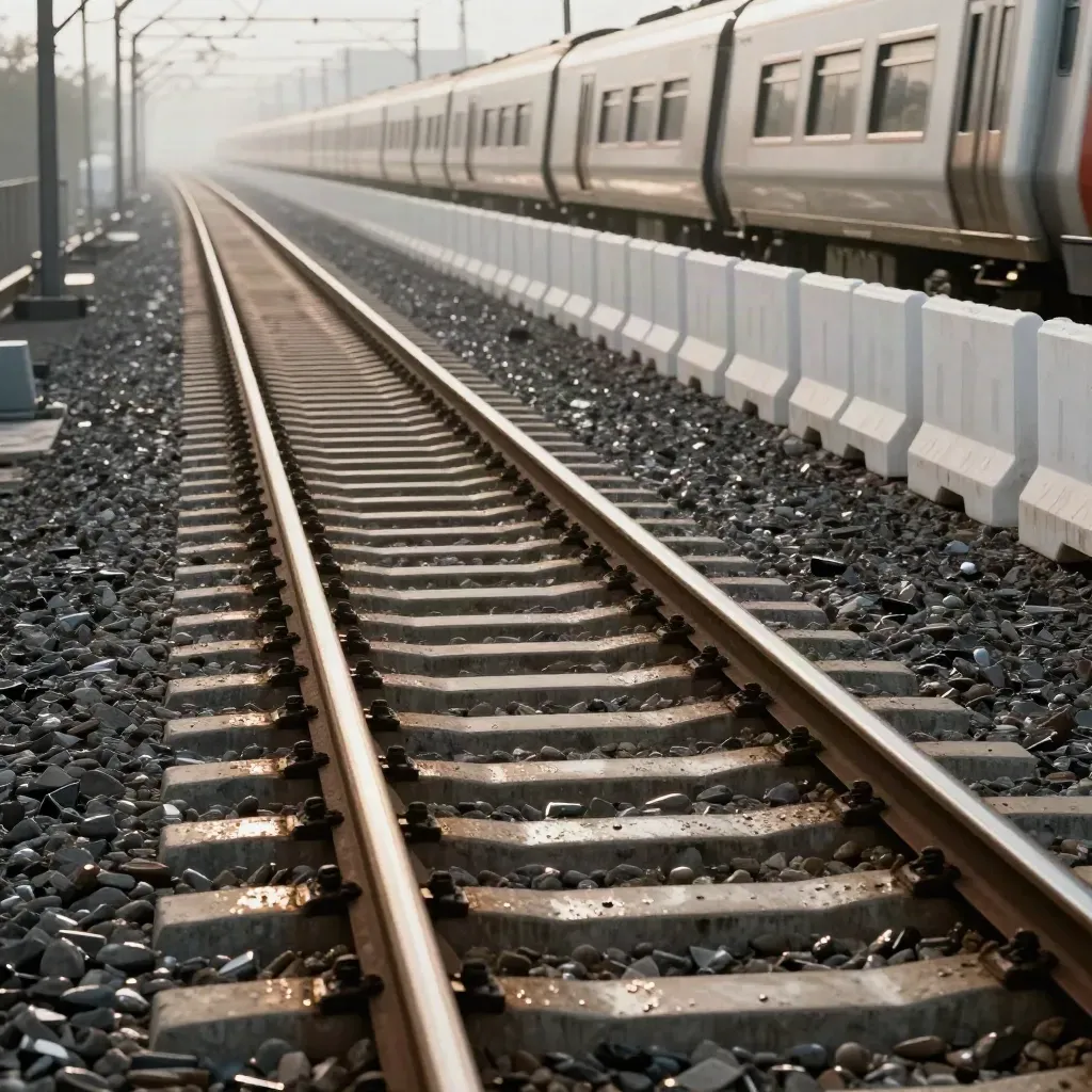 Onderhoudsbocht met nat spoor, witte afzetting en passerende trein in de verte