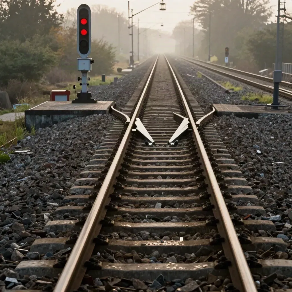 Bovenaanzicht vanaf een brug op sporen, wissel en onderhoudslogica in ochtendnevel.