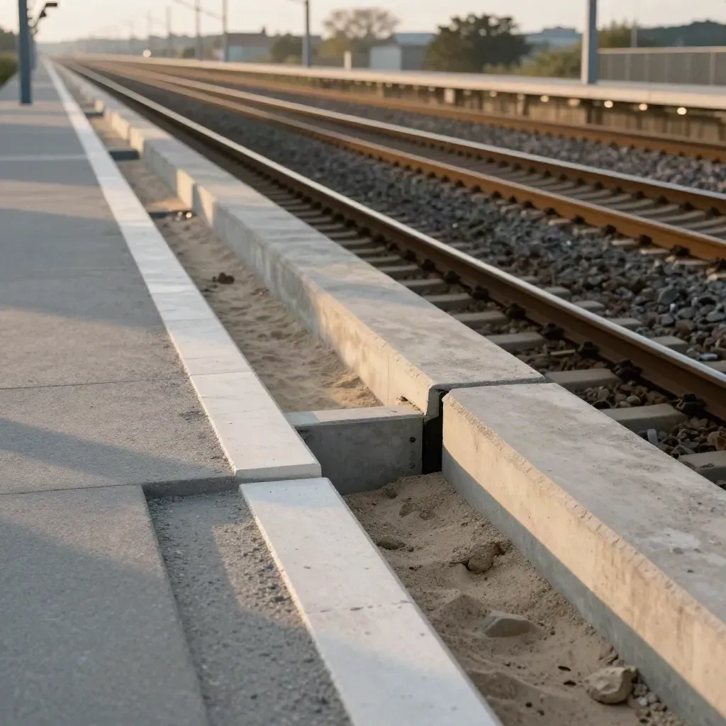 Nieuwe halte-inpassing naast spoor met betonnen perronrand in warm namiddaglicht.