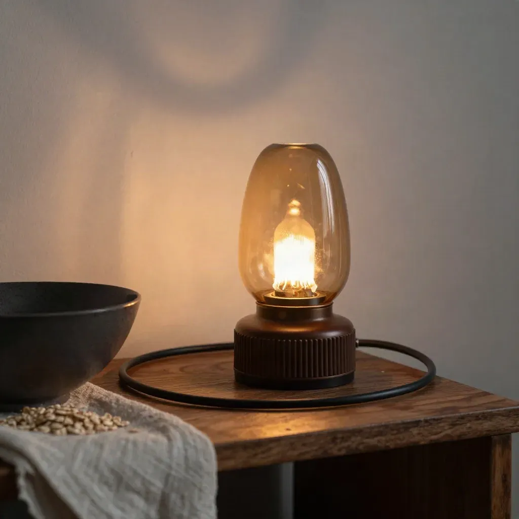 Amber werklamp, keramische kom en linnen doek op hout, warm nagloeiend in zacht licht.