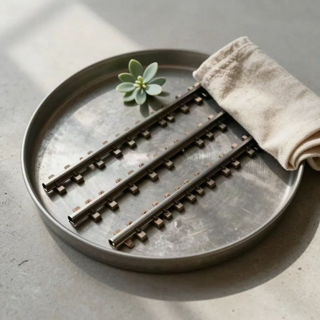 Drie railprofielen in een metalen tray met plantje en beige doek, van boven gefotografeerd.
