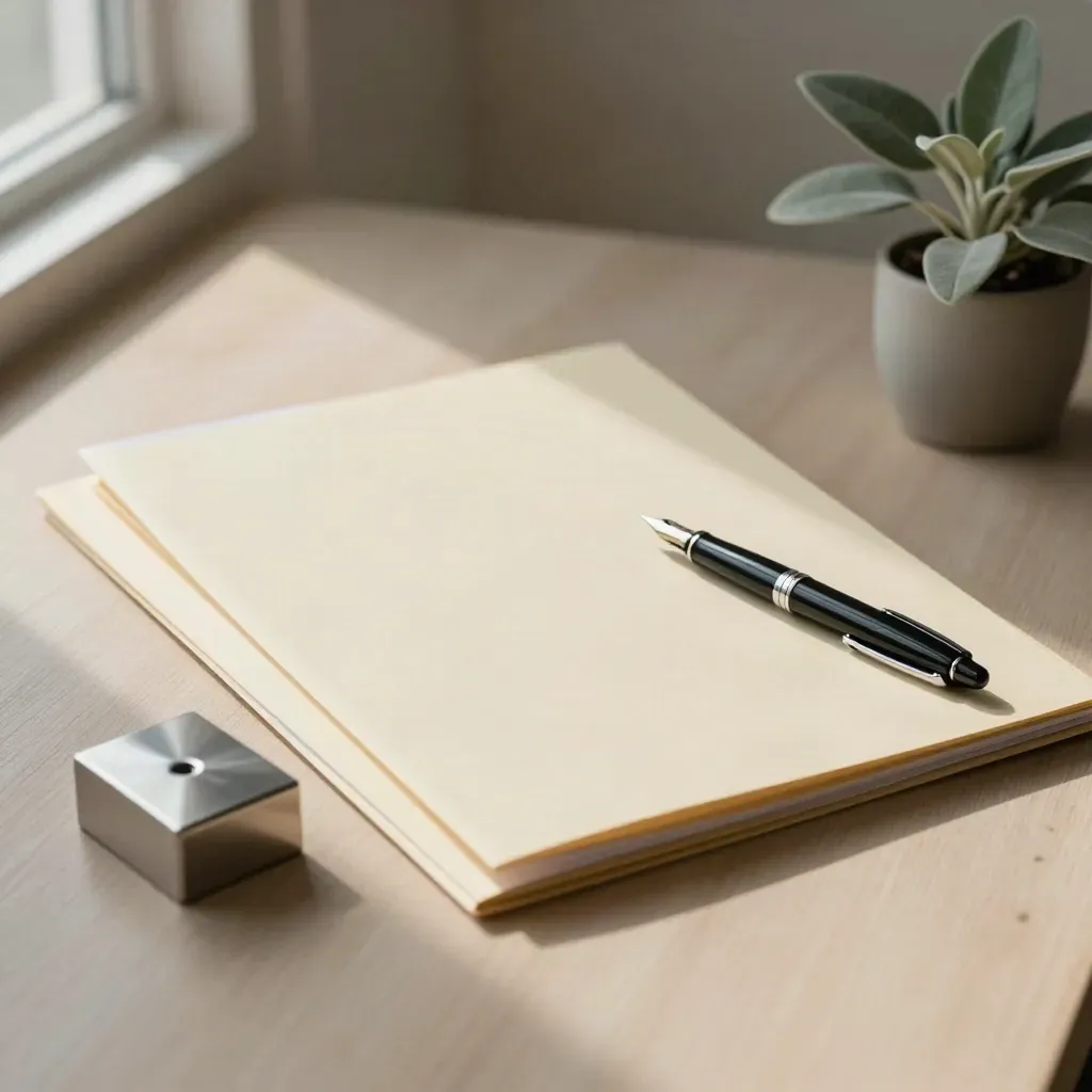 Archiefmappen, paperweight, vulpen en plantje op licht hout, klaar voor overleg.