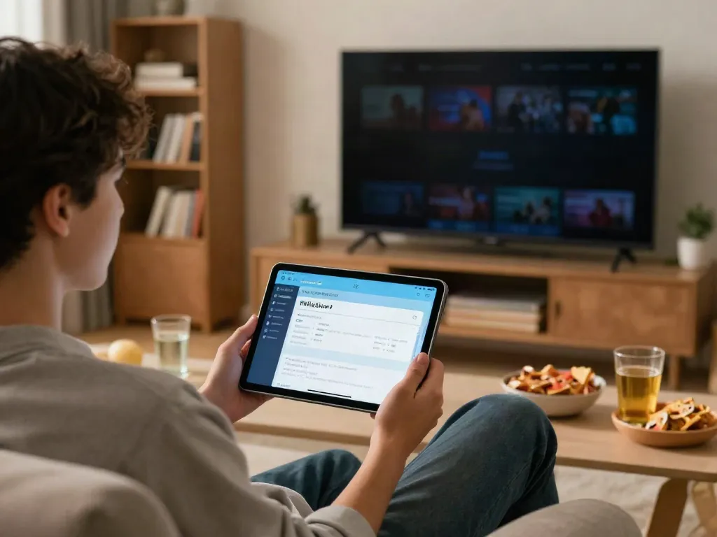 Person enjoying PikaShow app old version on a tablet in a cozy living room.