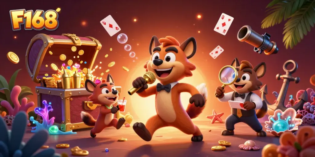 Enjoy thrilling gameplay at F168's casino with lively hyenas in a comedic atmosphere, featuring vibrant gaming elements.