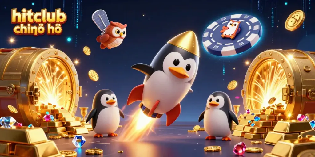 Experience the excitement at hitclub chính chủ, where the golden penguin rockets through a casino galaxy with treasures.