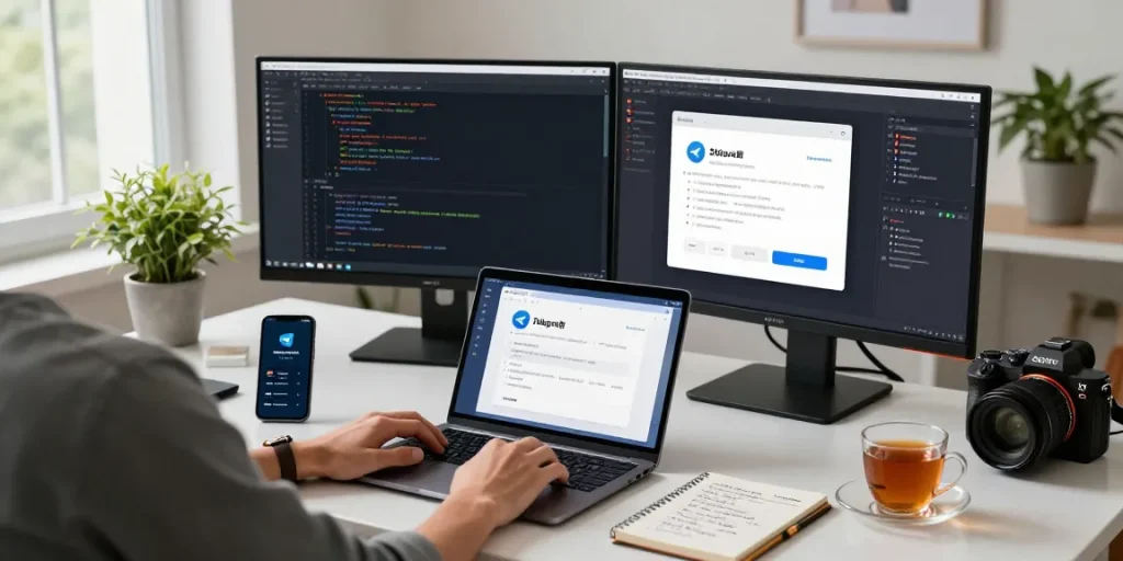 Setting up the Telegram Chinese Version on a modern workspace with screens displaying language options and code.