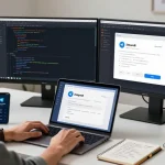 Setting up the Telegram Chinese Version on a modern workspace with screens displaying language options and code.