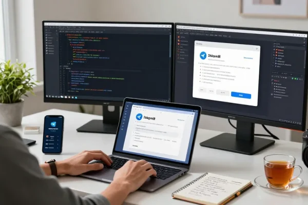 Setting up the Telegram Chinese Version on a modern workspace with screens displaying language options and code.