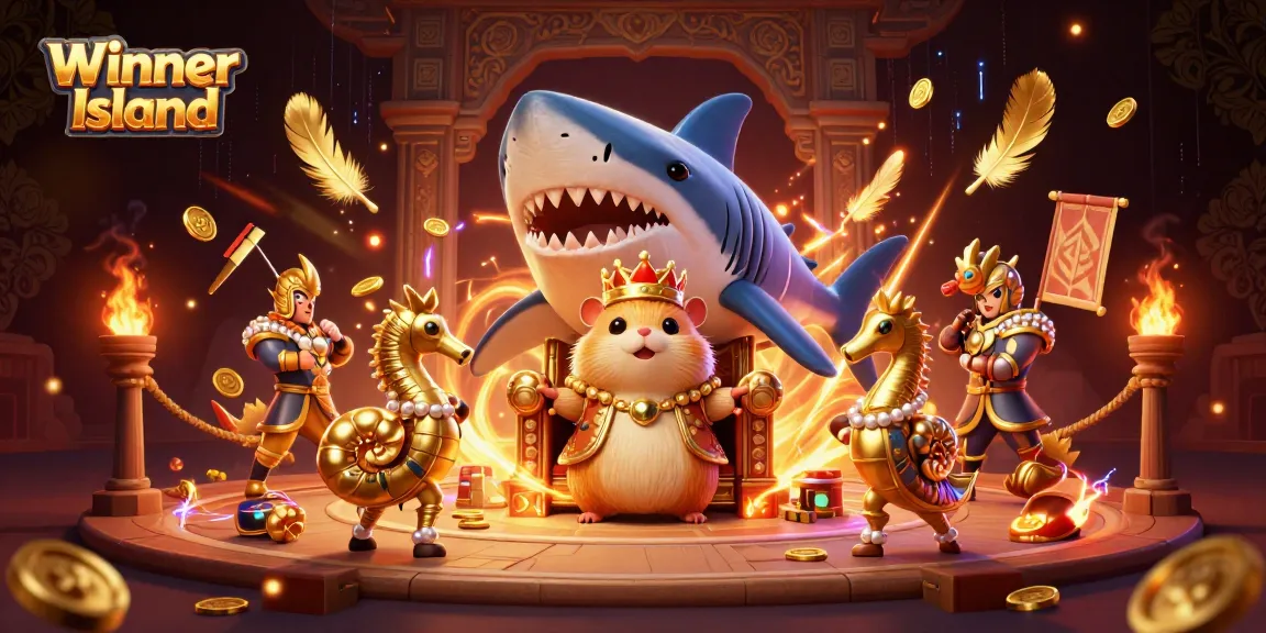 Experience thrilling gaming at Winner Island with a fierce hamster king on a shark throne surrounded by treasure.