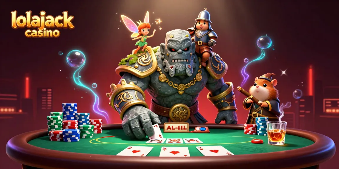 Engage with lolajack casino in a vibrant 3D scene of animated characters enjoying poker and magical elements.