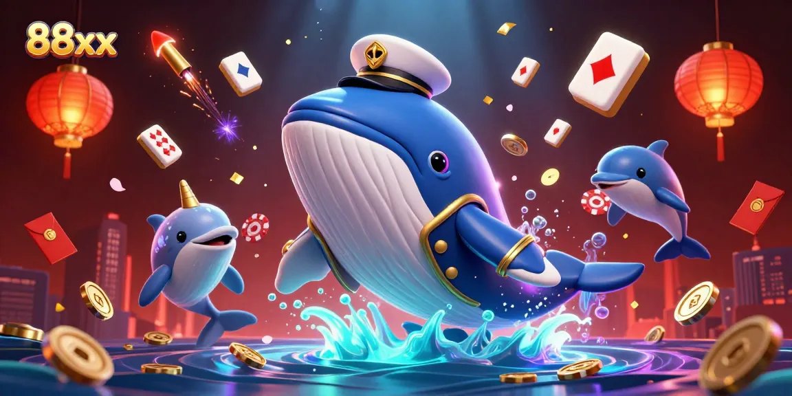 Playful dolphins and a massive whale represent luck at 88xx online casino, surrounded by vibrant gaming symbols.