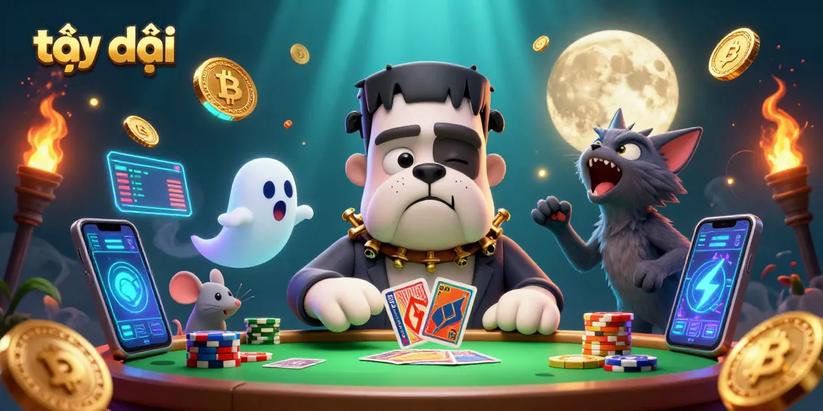 Play casino games at tại đây with a colorful scene of a Frankenstein bulldog dealing cards.