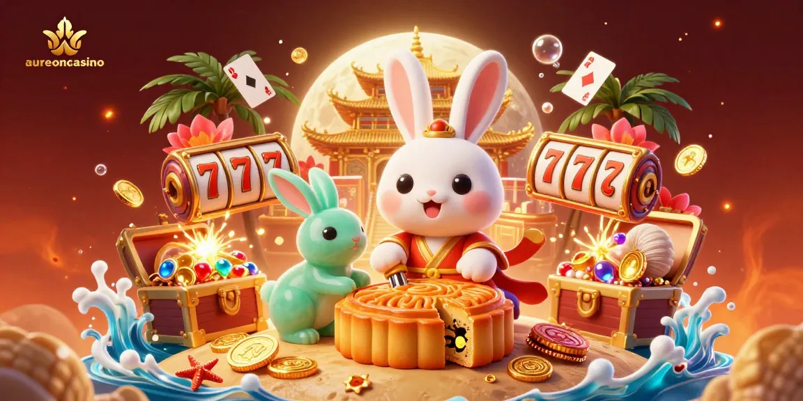 Win big at aureoncasino with this vibrant illustration of a charming moon rabbit and exciting casino elements.